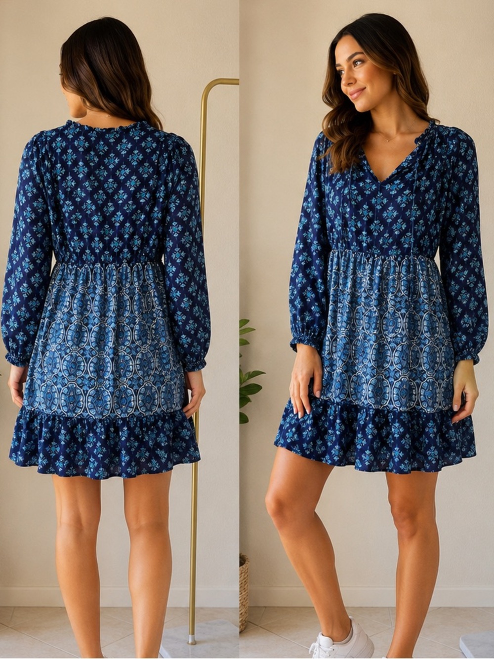 Blue Rain Boho Floral Print Long Sleeve Mini Dress XS Made in India